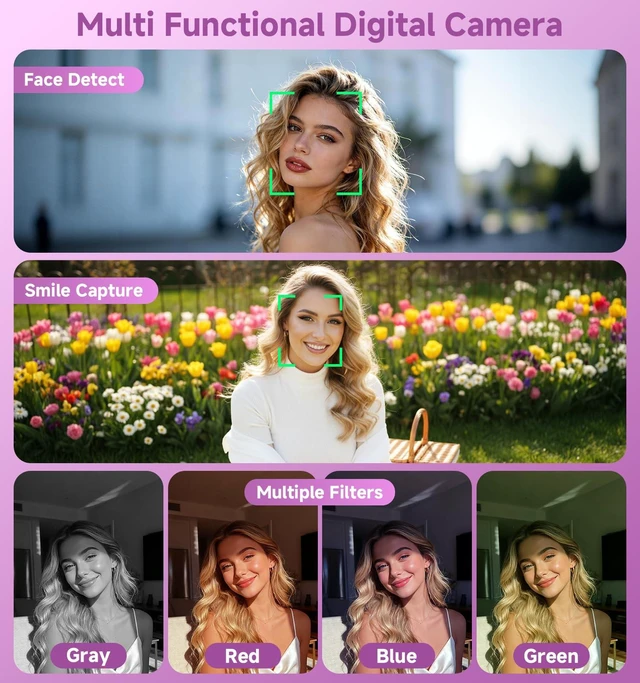 Alt view image 6 of 7 - Digital Camera, 2026 Upgraded 56MP Dual-Screens Selfie Digital Camera, Small Cameras with 32GB SD Card Smile Capture, Compact Digital Cameras with 16X Digital Zoom for Beginners Kids Teens Girls