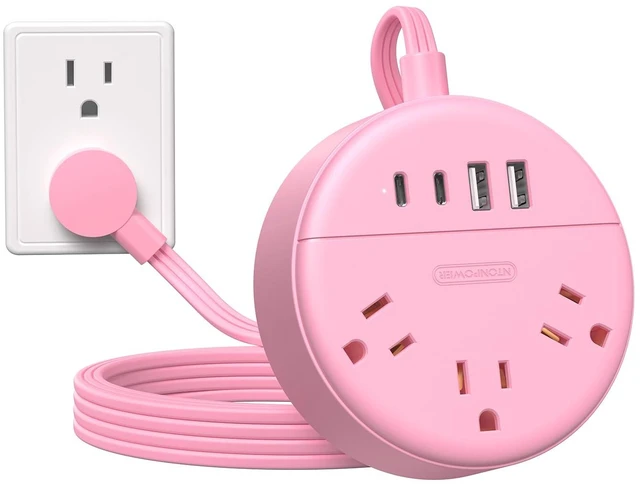 Main image of Pink Extension Cord 5FT, Flat Power Strip with Multiple Outlets Cute Power Strip with 3 AC Outlets & 2 USB C & 2 USB A, Wall Mount, Flat Plug Power Strip for Home, Dorm, Women Essential