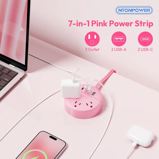Alt view image 2 of 7 - Pink Extension Cord 5FT, Flat Power Strip with Multiple Outlets Cute Power Strip with 3 AC Outlets & 2 USB C & 2 USB A, Wall Mount, Flat Plug Power Strip for Home, Dorm, Women Essential