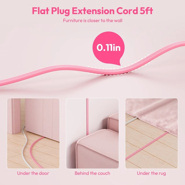Alt view image 3 of 7 - Pink Extension Cord 5FT, Flat Power Strip with Multiple Outlets Cute Power Strip with 3 AC Outlets & 2 USB C & 2 USB A, Wall Mount, Flat Plug Power Strip for Home, Dorm, Women Essential