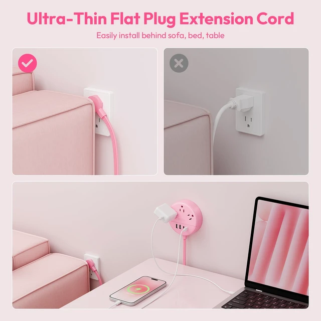 Alt view image 4 of 7 - Pink Extension Cord 5FT, Flat Power Strip with Multiple Outlets Cute Power Strip with 3 AC Outlets & 2 USB C & 2 USB A, Wall Mount, Flat Plug Power Strip for Home, Dorm, Women Essential