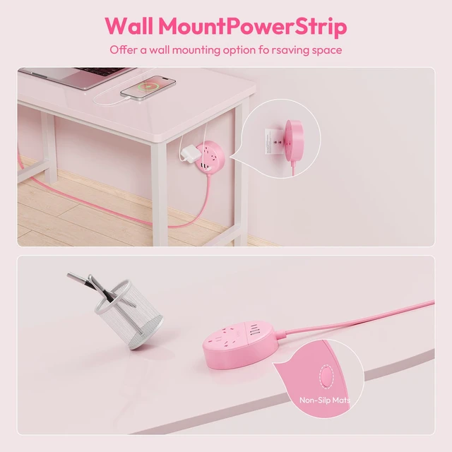 Alt view image 5 of 7 - Pink Extension Cord 5FT, Flat Power Strip with Multiple Outlets Cute Power Strip with 3 AC Outlets & 2 USB C & 2 USB A, Wall Mount, Flat Plug Power Strip for Home, Dorm, Women Essential