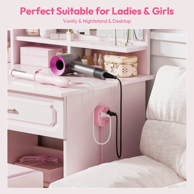 Alt view image 6 of 7 - Pink Extension Cord 5FT, Flat Power Strip with Multiple Outlets Cute Power Strip with 3 AC Outlets & 2 USB C & 2 USB A, Wall Mount, Flat Plug Power Strip for Home, Dorm, Women Essential
