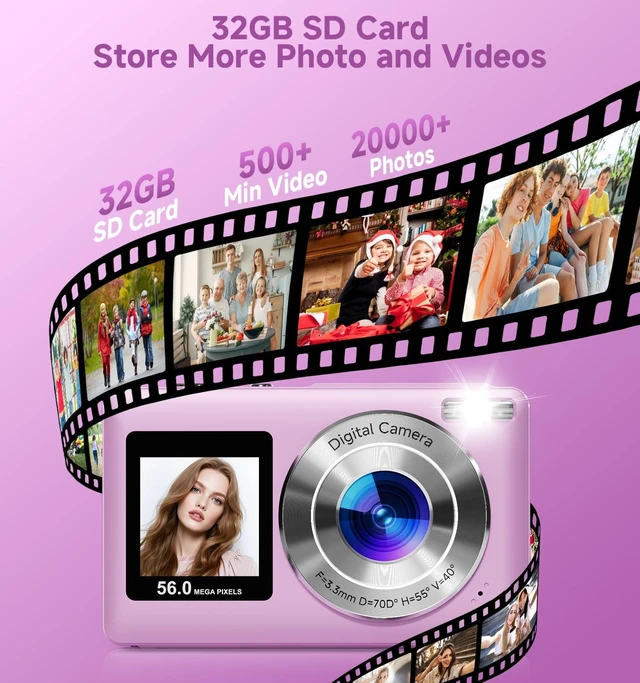 Alt view image 7 of 7 - Digital Camera, 2026 Upgraded 56MP Dual-Screens Selfie Digital Camera, Small Cameras with 32GB SD Card Smile Capture, Compact Digital Cameras with 16X Digital Zoom for Beginners Kids Teens Girls