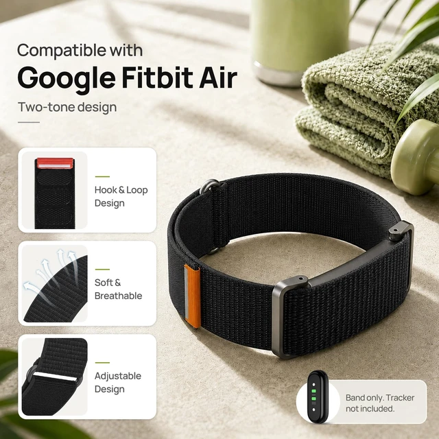 Alt view image 2 of 7 - Nylon Sport Band Compatible with Google Fitbit Air, Adjustable Hook and Loop Replacement Strap with Metal Frame Case, Soft Breathable Woven Wristband for Workout Sleep Daily Wear