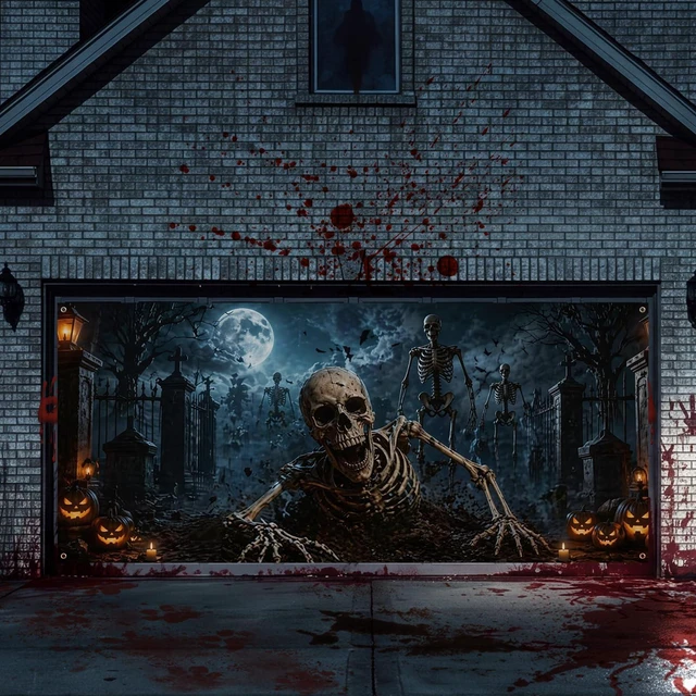 Main image of 7 x 16 ft Halloween Garage Door Banner Large Scary Skeleton Graveyard Pumpkin Hanging Backdrop Door Cover Halloween Garage Wall Decorations for Outdoor Home Yard Party Backgrounds