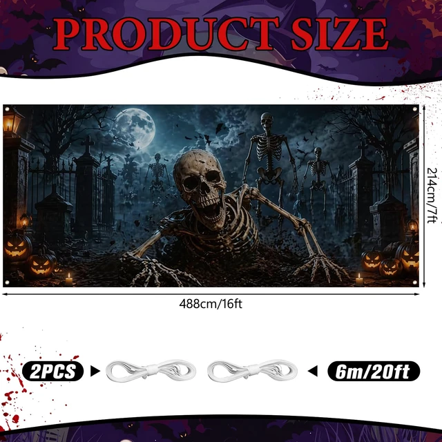 Alt view image 2 of 7 - 7 x 16 ft Halloween Garage Door Banner Large Scary Skeleton Graveyard Pumpkin Hanging Backdrop Door Cover Halloween Garage Wall Decorations for Outdoor Home Yard Party Backgrounds