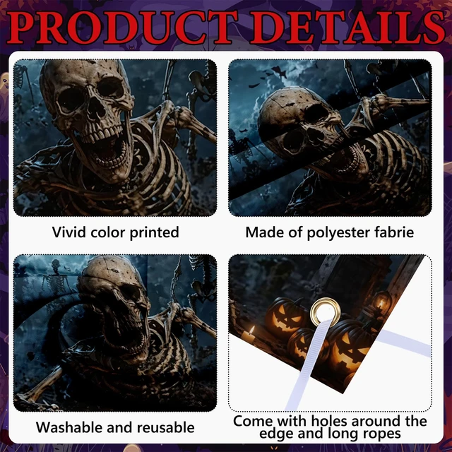 Alt view image 3 of 7 - 7 x 16 ft Halloween Garage Door Banner Large Scary Skeleton Graveyard Pumpkin Hanging Backdrop Door Cover Halloween Garage Wall Decorations for Outdoor Home Yard Party Backgrounds