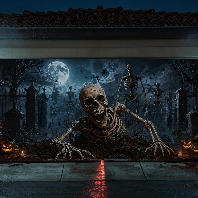 Alt view image 4 of 7 - 7 x 16 ft Halloween Garage Door Banner Large Scary Skeleton Graveyard Pumpkin Hanging Backdrop Door Cover Halloween Garage Wall Decorations for Outdoor Home Yard Party Backgrounds