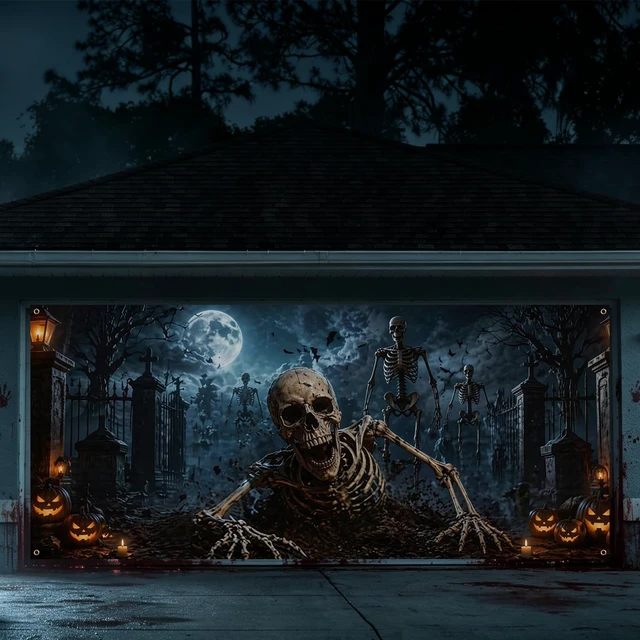 Alt view image 5 of 7 - 7 x 16 ft Halloween Garage Door Banner Large Scary Skeleton Graveyard Pumpkin Hanging Backdrop Door Cover Halloween Garage Wall Decorations for Outdoor Home Yard Party Backgrounds