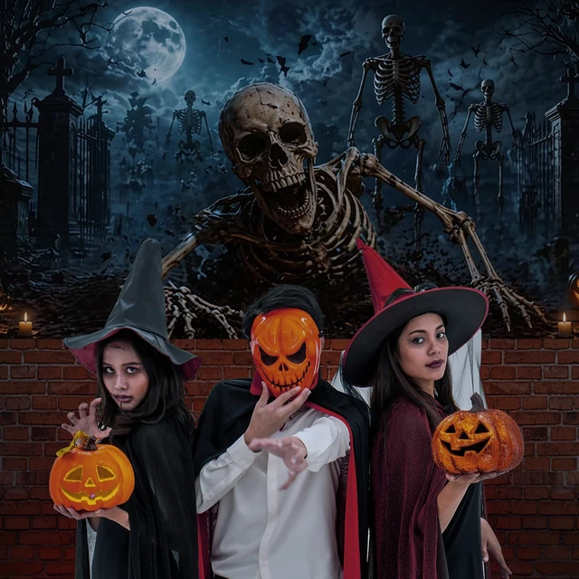 Alt view image 6 of 7 - 7 x 16 ft Halloween Garage Door Banner Large Scary Skeleton Graveyard Pumpkin Hanging Backdrop Door Cover Halloween Garage Wall Decorations for Outdoor Home Yard Party Backgrounds