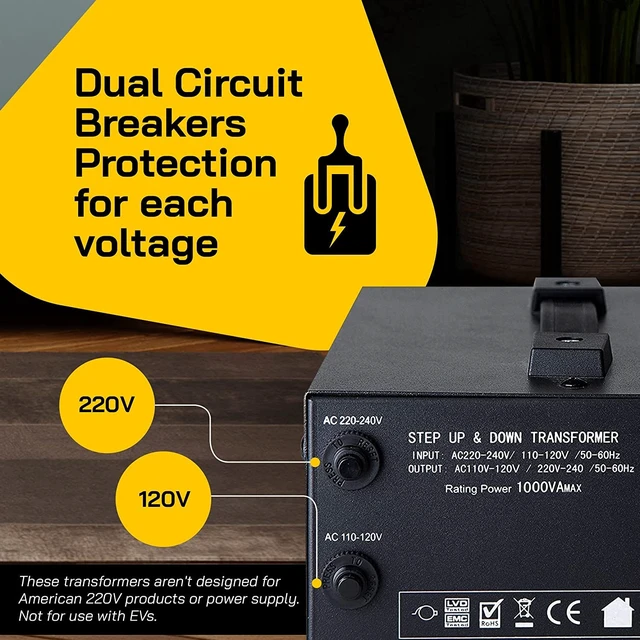 Alt view image 7 of 7 - T Series 1000+ Watt Voltage Converter Transformer - Step Up/Down - 110v to 220v / 220v to 110v Power Converter - Circuit Breaker Protection, CE Certified
