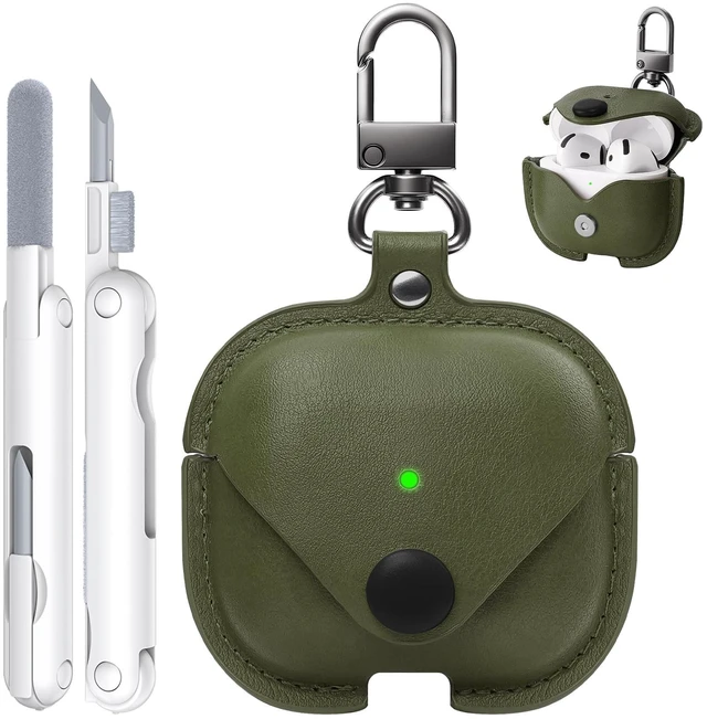 Main image of for Airpods 5/4 Case Leather, AirPods Case with Keychain & Cleaner Kit for Apple Airpods 5/4th Generation (2026/2024), Full Protective Leather Case Cover for Men Women (Green)
