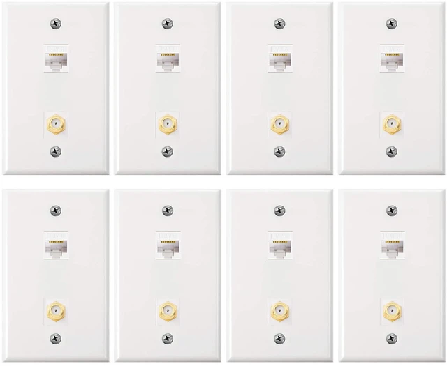 Main image of 8 Pieces Cat6 Ethernet Coax Wall Plate, F-Type Port, White 2 Port Keystone Jack Wall Plate, with Ethernet Port and Gold-plated TV Coax