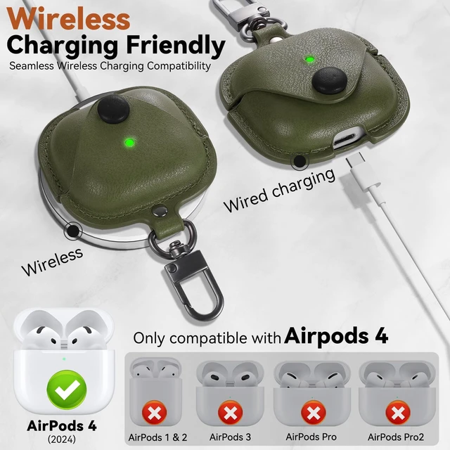 Alt view image 4 of 6 - for Airpods 5/4 Case Leather, AirPods Case with Keychain & Cleaner Kit for Apple Airpods 5/4th Generation (2026/2024), Full Protective Leather Case Cover for Men Women (Green)