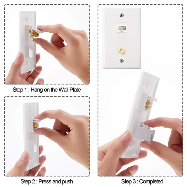 Alt view image 2 of 6 - 8 Pieces Cat6 Ethernet Coax Wall Plate, F-Type Port, White 2 Port Keystone Jack Wall Plate, with Ethernet Port and Gold-plated TV Coax
