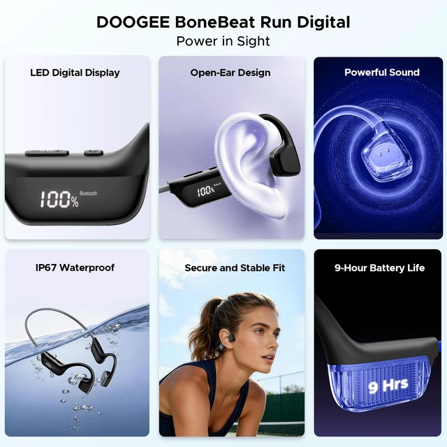 Alt view image 2 of 7 - BoneBeat RunDigital Bone Conduction Bluetooth Sport Headphones, Black Workout Headphones with LED Display; IP67 Waterproof Open Ear Headphones; Fast Charge; Bluetooth 6.0; Running/Cycling/Hiking