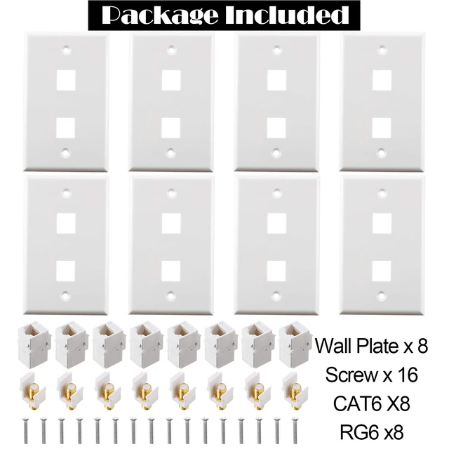 Alt view image 4 of 6 - 8 Pieces Cat6 Ethernet Coax Wall Plate, F-Type Port, White 2 Port Keystone Jack Wall Plate, with Ethernet Port and Gold-plated TV Coax