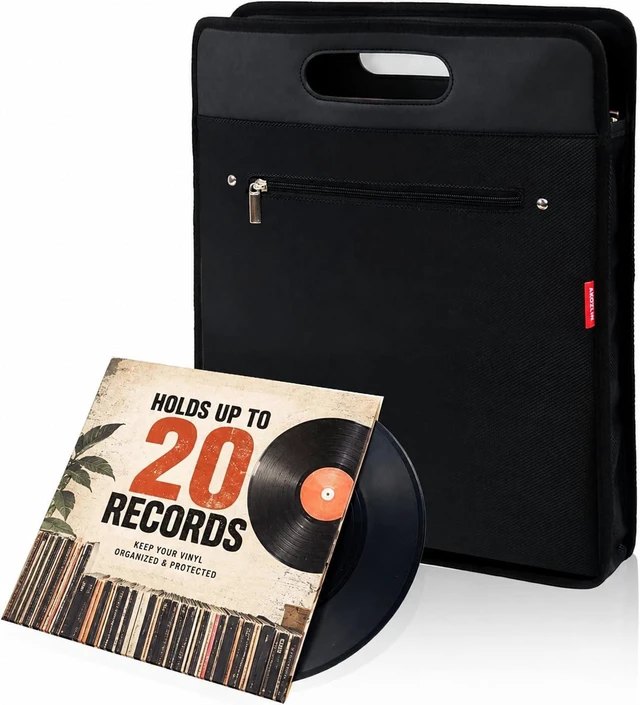 Main image of Vinyl Record Bag, Record Travel Case Holds up to 20 records Water-Resistant Vinyl Record Carry Bag, Lightweight Albums Case for Most 7" 10" 12" LP, Black