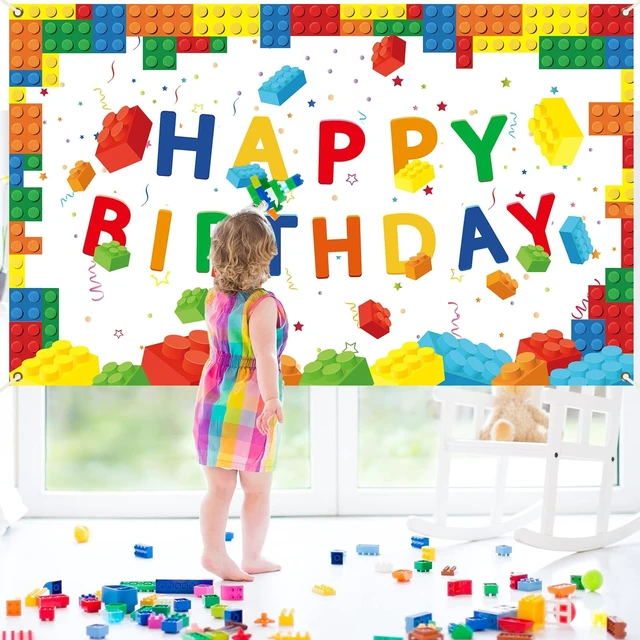 Alt view image 4 of 7 - Building Blocks Happy Birthday Banner Colorful Blocks Birthday Party Decorations Backdrop Photography Background for Children Kids Boys Girls Building Block Theme Party Supplies, 71 x 43 Inc