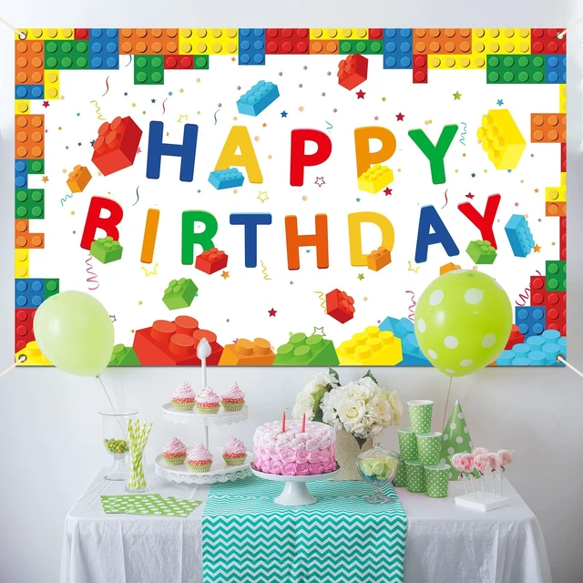 Alt view image 3 of 7 - Building Blocks Happy Birthday Banner Colorful Blocks Birthday Party Decorations Backdrop Photography Background for Children Kids Boys Girls Building Block Theme Party Supplies, 71 x 43 Inc