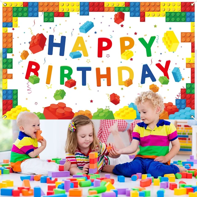 Alt view image 5 of 7 - Building Blocks Happy Birthday Banner Colorful Blocks Birthday Party Decorations Backdrop Photography Background for Children Kids Boys Girls Building Block Theme Party Supplies, 71 x 43 Inc