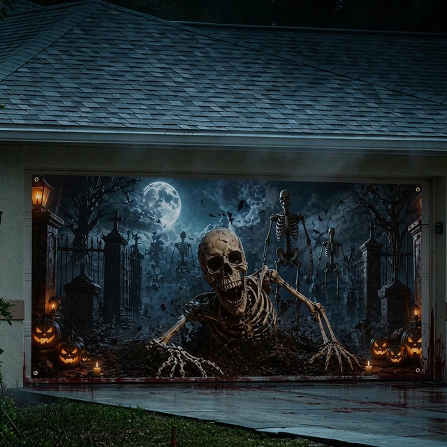 Alt view image 7 of 7 - 7 x 16 ft Halloween Garage Door Banner Large Scary Skeleton Graveyard Pumpkin Hanging Backdrop Door Cover Halloween Garage Wall Decorations for Outdoor Home Yard Party Backgrounds