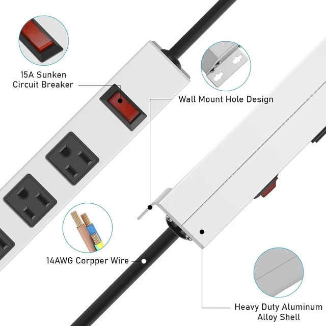 Alt view image 5 of 7 - Metal Long 16 Outlet Surge Protector Power Strip, White, 3 FT Plug Extender with Heavy Duty Extension Cord, Wall Mount, Wide Spaced, with Switch, ETL Listed
