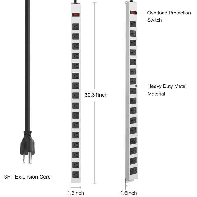 Alt view image 7 of 7 - Metal Long 16 Outlet Surge Protector Power Strip, White, 3 FT Plug Extender with Heavy Duty Extension Cord, Wall Mount, Wide Spaced, with Switch, ETL Listed