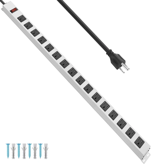 Main image of Metal Long 16 Outlet Surge Protector Power Strip, White, 3 FT Plug Extender with Heavy Duty Extension Cord, Wall Mount, Wide Spaced, with Switch, ETL Listed