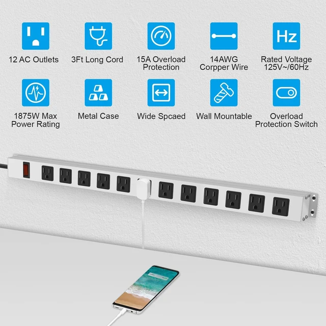 Alt view image 2 of 7 - Metal Long 16 Outlet Surge Protector Power Strip, White, 3 FT Plug Extender with Heavy Duty Extension Cord, Wall Mount, Wide Spaced, with Switch, ETL Listed