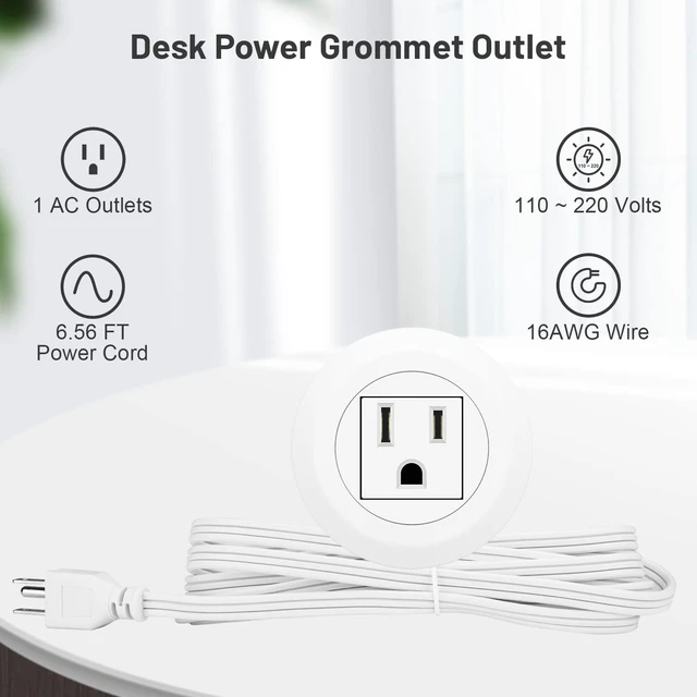 Alt view image 2 of 7 - Mini Desktop Power Hub Grommet, Desk Outlet Charge Stantion Build-in 1 US Standard Outlet with 6.56 FT Extension Power Cord,Recessed Power Strip Socket for Table Cabinet Sofa Nightstands