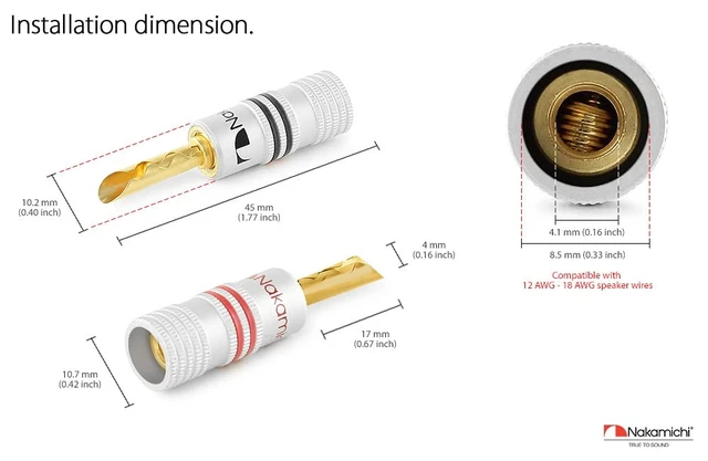 Alt view image 6 of 7 - GrubLock Excel Series 24k Gold Plated BFA Banana Plugs, 10-18 AWG Gauge Size 4mm for Speakers Amplifier Hi-Fi AV Receiver Stereo Radio Audio Wire Cable Screw Connector, 20 Pcs (10-Pairs)