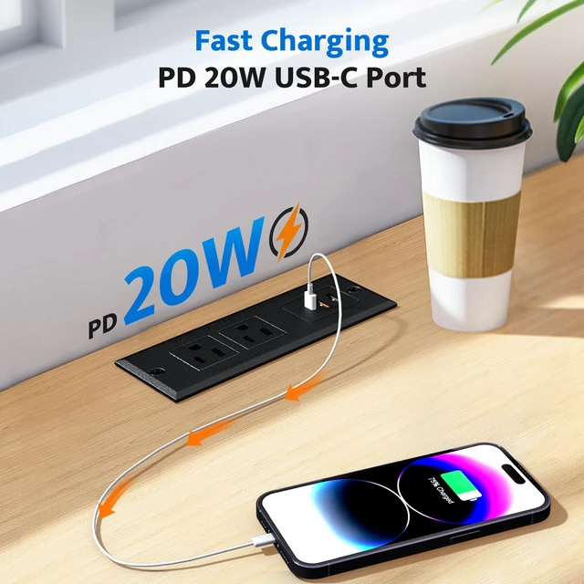 Alt view image 5 of 7 - Recessed Power Strip with 20W USB C Port, Fast Charging USB A Port Conference Recessed Outlet, Space-Saver for Furniture Side Table, End Table, Desk Outlet with 6ft Cord, 45° Thin Flat Plug, Black