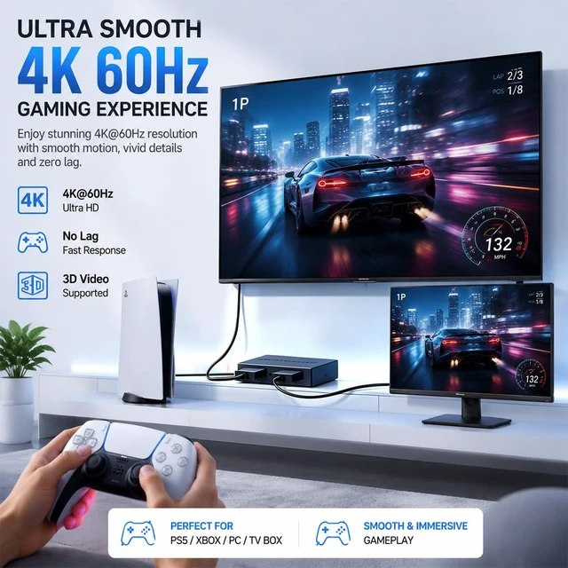 Alt view image 4 of 7 - 4K 60Hz HDMI Splitter 1 in 2 Out, Powered HDMI 2.0 1x2 Duplicator 4K 60Hz Mirror Mode Only for Dual Monitors, HDCP 2.2 3D 1080P, Compatible with PS5, Xbox, PC, Laptop, TV