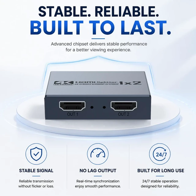 Alt view image 5 of 7 - 4K 60Hz HDMI Splitter 1 in 2 Out, Powered HDMI 2.0 1x2 Duplicator 4K 60Hz Mirror Mode Only for Dual Monitors, HDCP 2.2 3D 1080P, Compatible with PS5, Xbox, PC, Laptop, TV