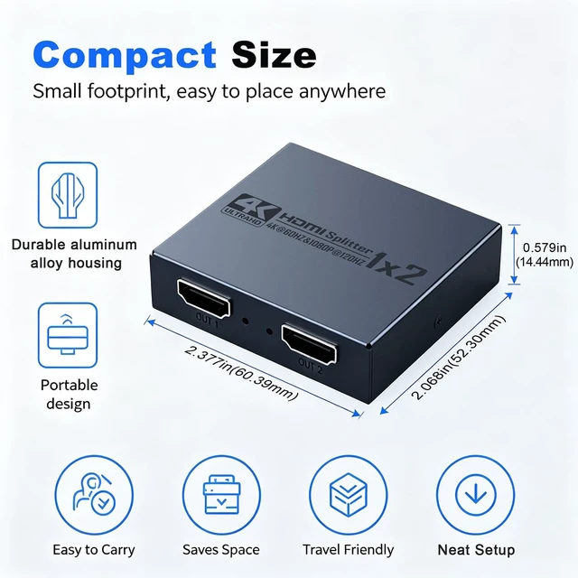 Alt view image 6 of 7 - 4K 60Hz HDMI Splitter 1 in 2 Out, Powered HDMI 2.0 1x2 Duplicator 4K 60Hz Mirror Mode Only for Dual Monitors, HDCP 2.2 3D 1080P, Compatible with PS5, Xbox, PC, Laptop, TV