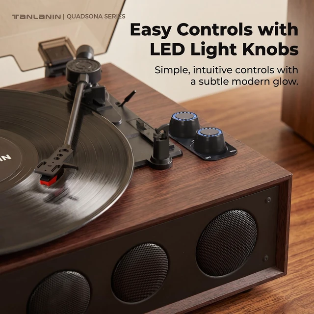 Alt view image 3 of 7 - Vinyl Record Player with 4 Built-in Speakers, Bluetooth, 3-Speed, Brown 4 Built-in Speakers, Bluetooth Input, 3-Speed Auto-Stop, Ruby Stylus, AUX/RCA & Headphone Jack for Flexible Home Listening