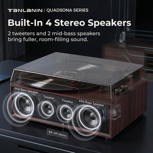 Alt view image 4 of 7 - Vinyl Record Player with 4 Built-in Speakers, Bluetooth, 3-Speed, Brown 4 Built-in Speakers, Bluetooth Input, 3-Speed Auto-Stop, Ruby Stylus, AUX/RCA & Headphone Jack for Flexible Home Listening