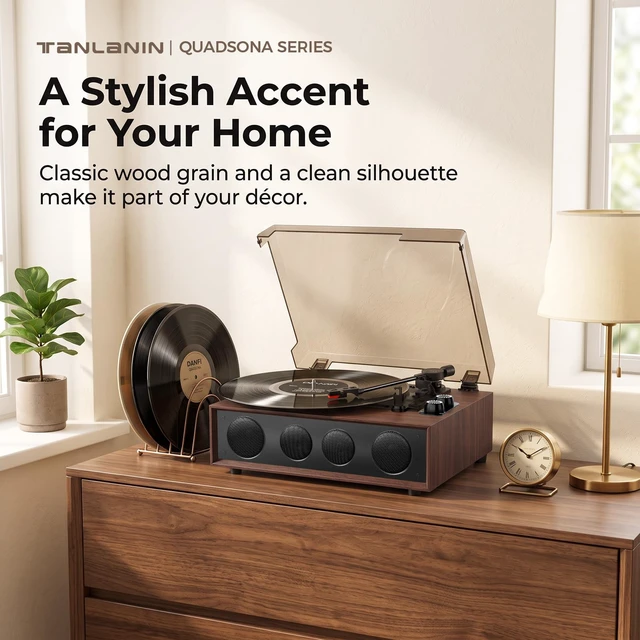 Alt view image 2 of 7 - Vinyl Record Player with 4 Built-in Speakers, Bluetooth, 3-Speed, Brown 4 Built-in Speakers, Bluetooth Input, 3-Speed Auto-Stop, Ruby Stylus, AUX/RCA & Headphone Jack for Flexible Home Listening
