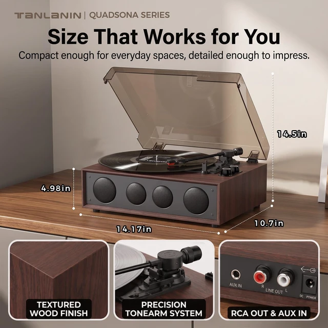Alt view image 7 of 7 - Vinyl Record Player with 4 Built-in Speakers, Bluetooth, 3-Speed, Brown 4 Built-in Speakers, Bluetooth Input, 3-Speed Auto-Stop, Ruby Stylus, AUX/RCA & Headphone Jack for Flexible Home Listening
