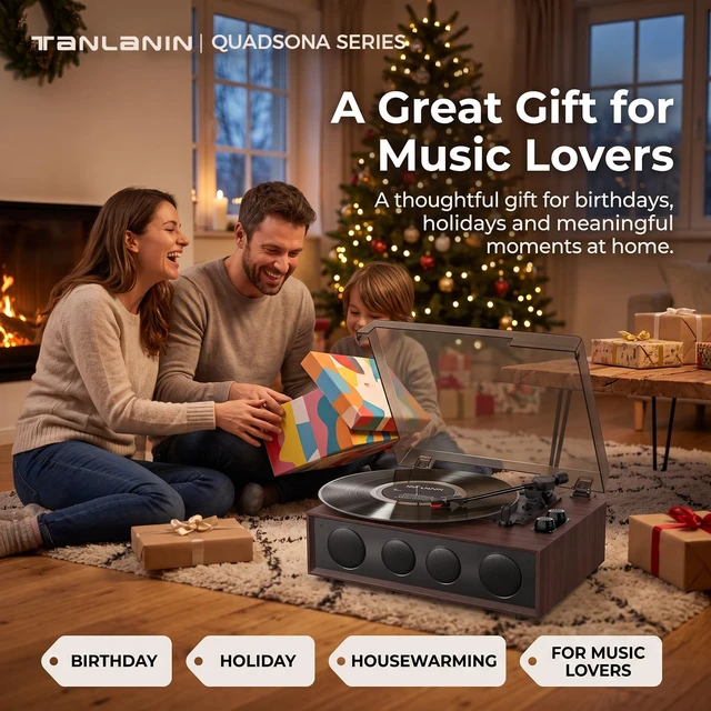 Alt view image 6 of 7 - Vinyl Record Player with 4 Built-in Speakers, Bluetooth, 3-Speed, Brown 4 Built-in Speakers, Bluetooth Input, 3-Speed Auto-Stop, Ruby Stylus, AUX/RCA & Headphone Jack for Flexible Home Listening