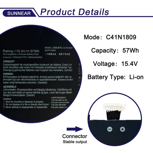Alt view image 2 of 6 - C41N1809 Laptop Battery for Asus Zenbook UX562 Q536F Q536FD 15.4V 57Wh 3740mAh; Battery Replacement for Asus Zenbook UX562FN UX562FD UX562FDX; 0B200-03440000