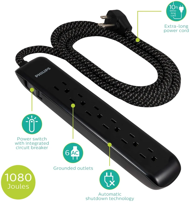 Alt view image 2 of 7 - Surge Protector Power Strip, 10 Ft Long Braided Extension Cord 6 Outlet Extender, 1080 Joules, Flat Plug, On Off Switch, Home Office Dorm Essentials, ETL Safety Listed, Black, SPC3064BG/37