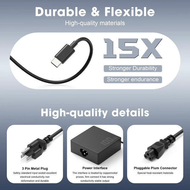 Alt view image 2 of 7 - 100W 65W USB C Laptop Charger Compatible with Asus For Asus Rog Ally X,Ally Dock,ROG Flow X13 Z13 GV301 GV302 GZ301,ZenBook 14,Zephyrus G14 G16 M16 and 65W/100W USB-C laptops