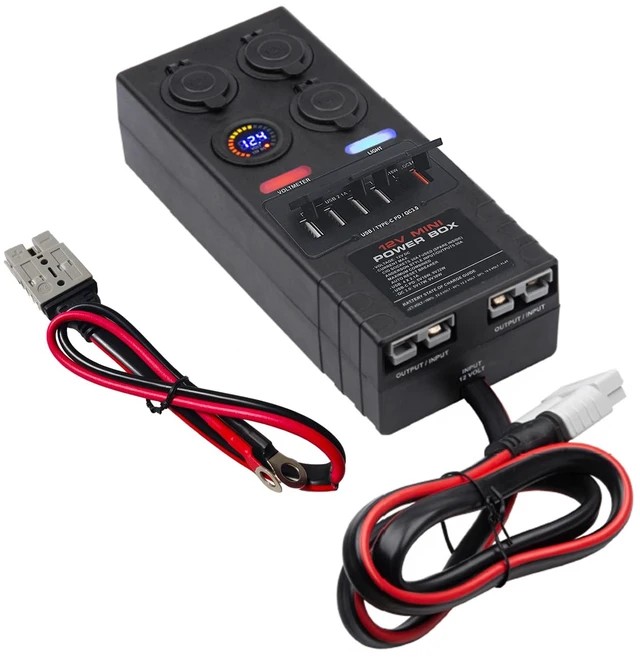 Main image of Mini Power Distribution Box 12V DC Battery Socket Max. 50A Current with 2 x Anderson, 6 x USB & 3 x Cig Sockets, Mini Battery Box for Outdoors RV Camping Fishing Emergency