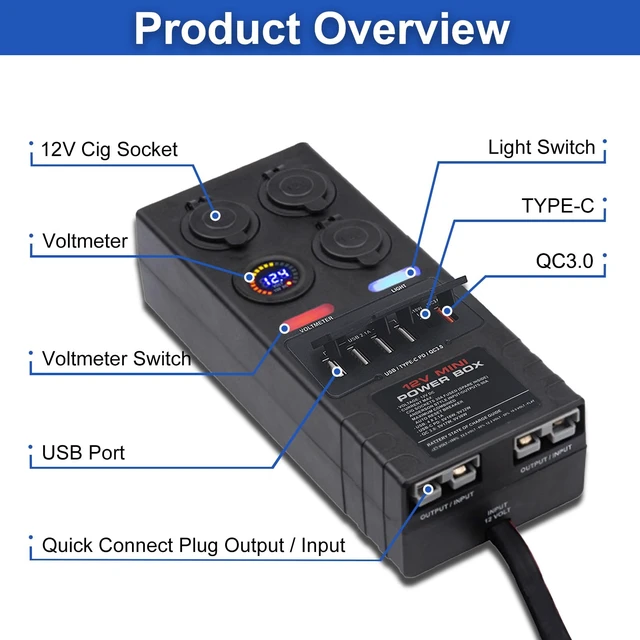 Alt view image 2 of 7 - Mini Power Distribution Box 12V DC Battery Socket Max. 50A Current with 2 x Anderson, 6 x USB & 3 x Cig Sockets, Mini Battery Box for Outdoors RV Camping Fishing Emergency