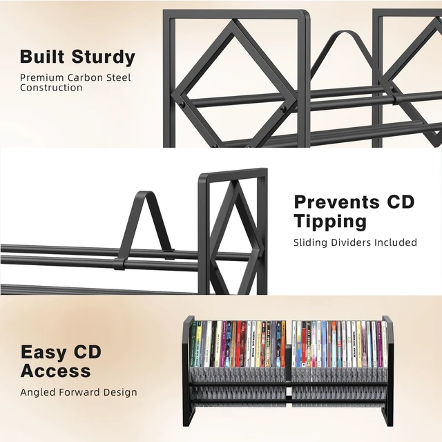 Alt view image 3 of 7 - CD Storage Metal Display Shelf, CD Holder Rack with Adjustable Divider, Store up to 40 CDs for Non-slip Feet, Modern for Music Collection Enthusiasts Home Organization and Decor