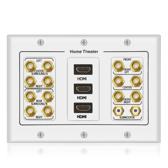 Alt view image 2 of 7 - 3 Gang 7.2 Surround Sound Distribution Home Theater Wall Plate Copper Banana Binding Post Coupler Type, For 7 Speakers, 2 RCA Jacks for Subwoofers, 3 HDMI Ports