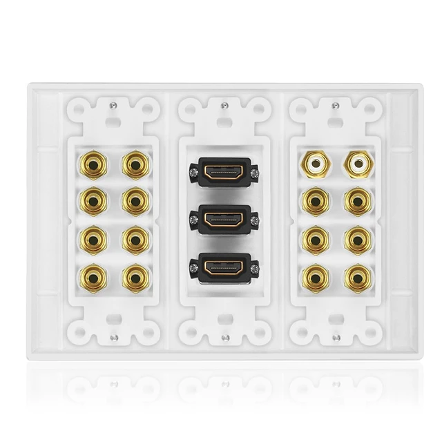 Alt view image 3 of 7 - 3 Gang 7.2 Surround Sound Distribution Home Theater Wall Plate Copper Banana Binding Post Coupler Type, For 7 Speakers, 2 RCA Jacks for Subwoofers, 3 HDMI Ports
